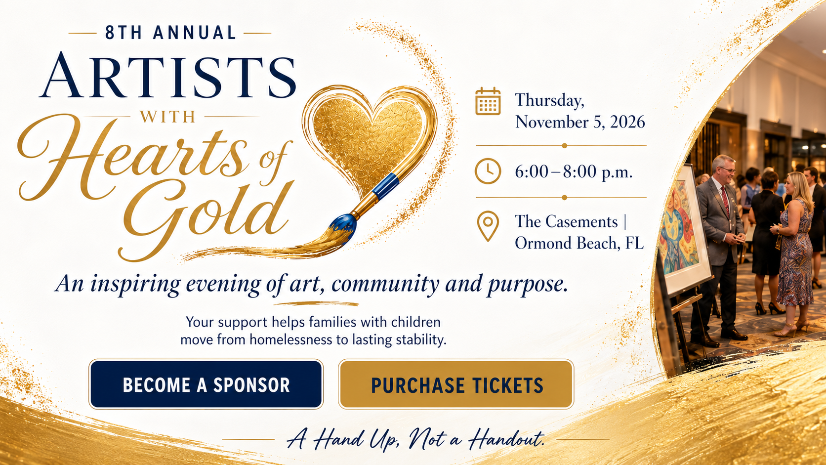 8th Annual Artists with Hearts of Gold — Thursday, November 5, 2026, 6:00–8:00 p.m. at The Casements in Ormond Beach, Florida